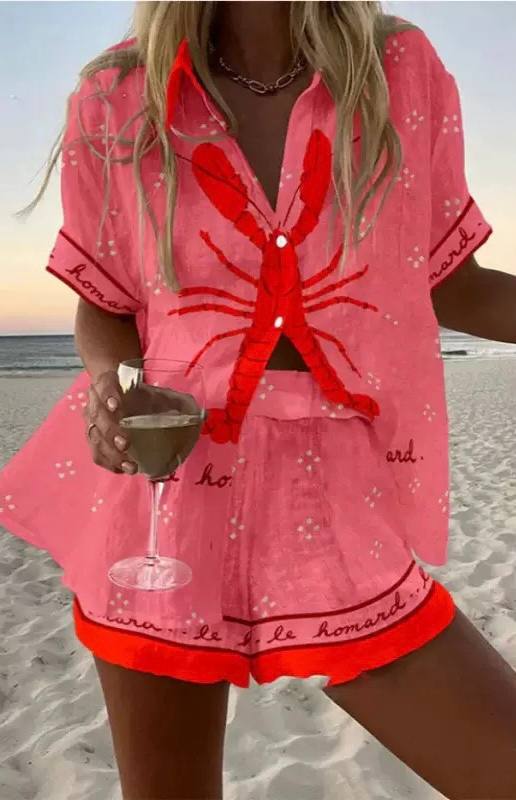 Women's Mediterranean Print Beach Shirt & Shorts Set