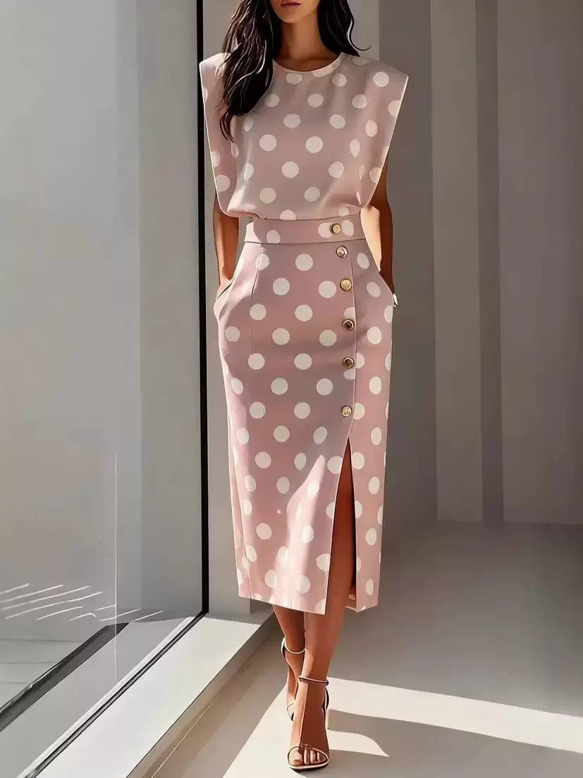 Women's Polka Dot Sleeveless Top and Midi Skirt Set
