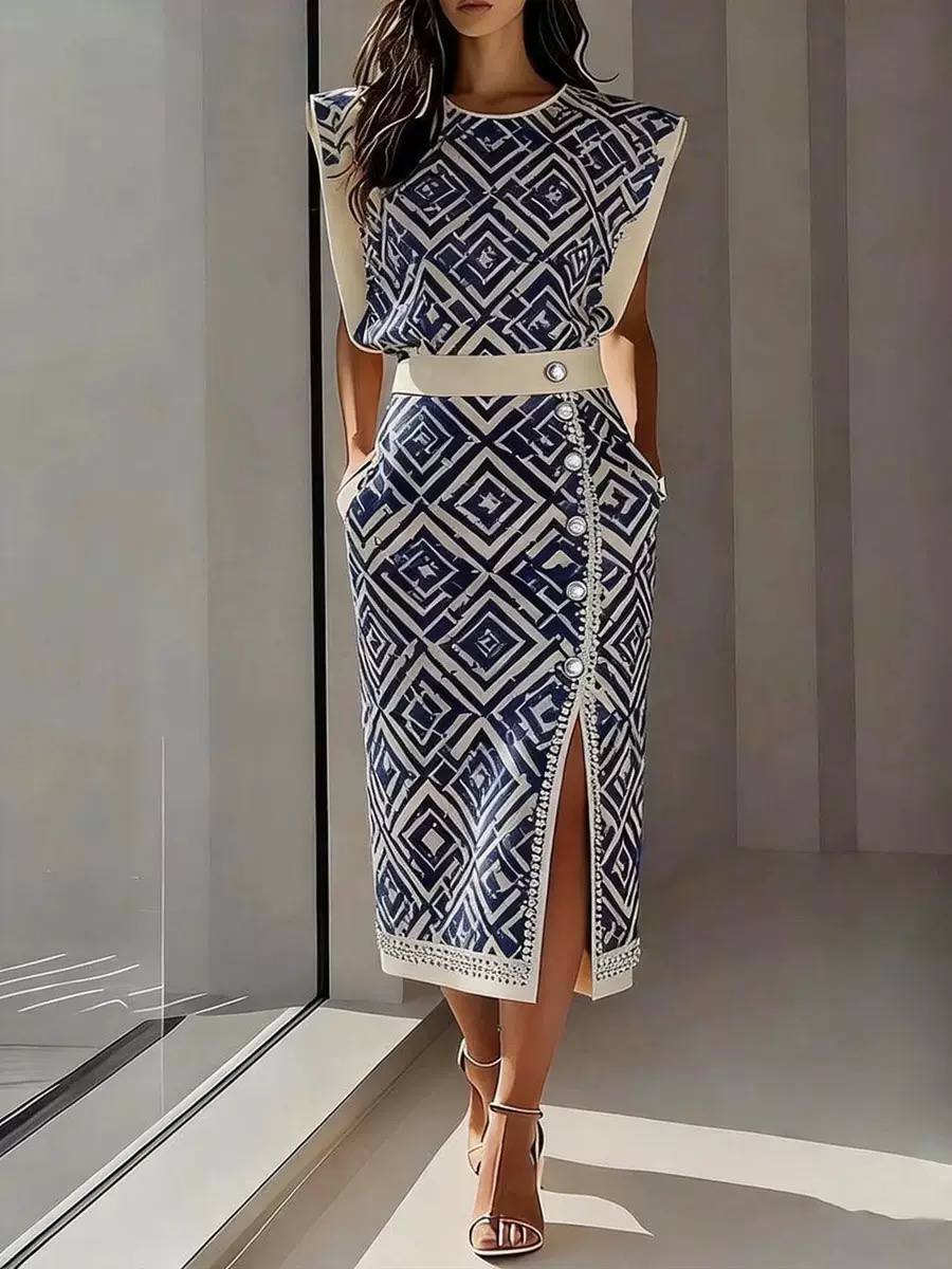 Women's Polka Dot Sleeveless Top and Midi Skirt Set