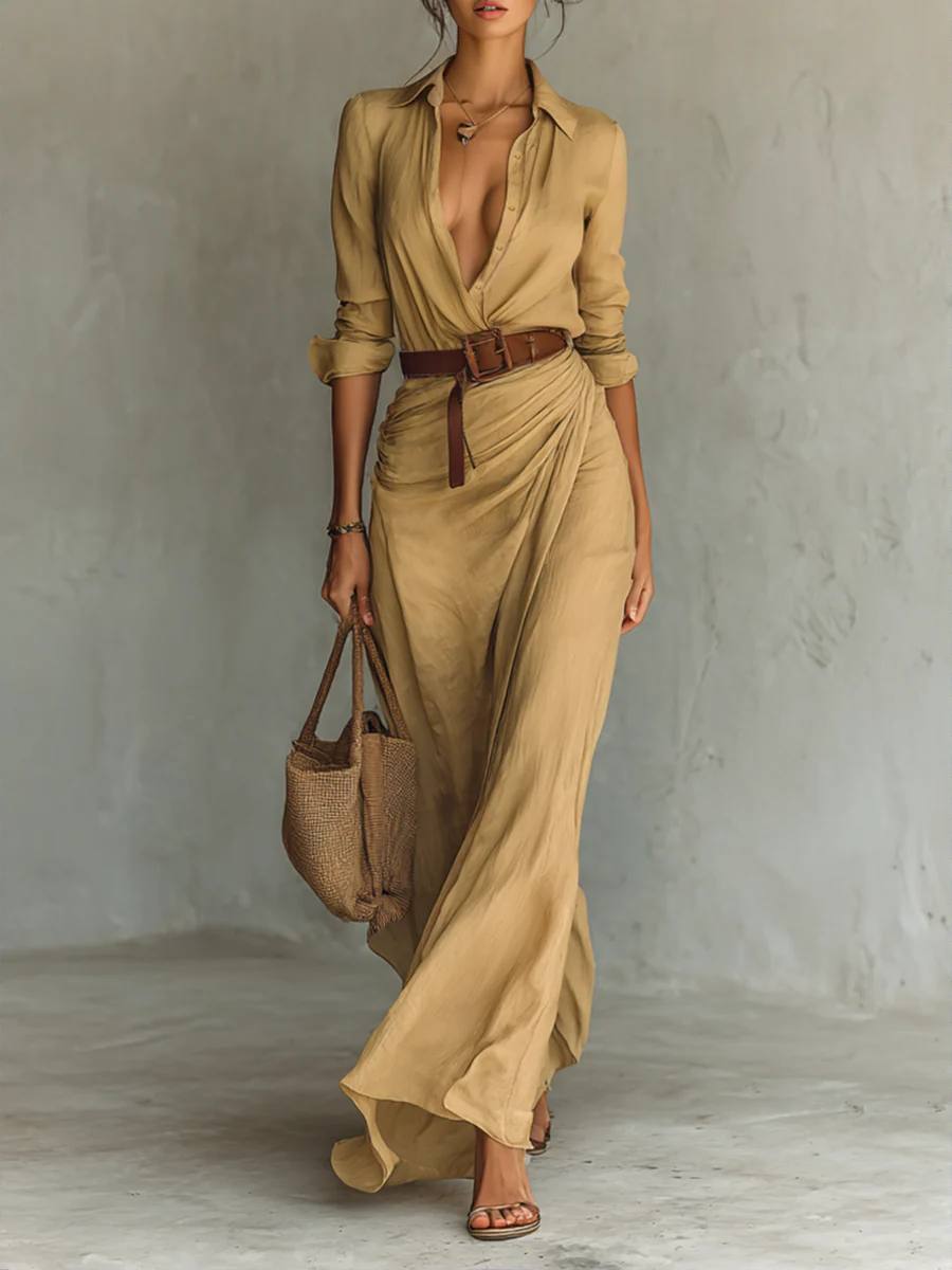Women's Long Sleeve Belted Maxi Shirt Dress