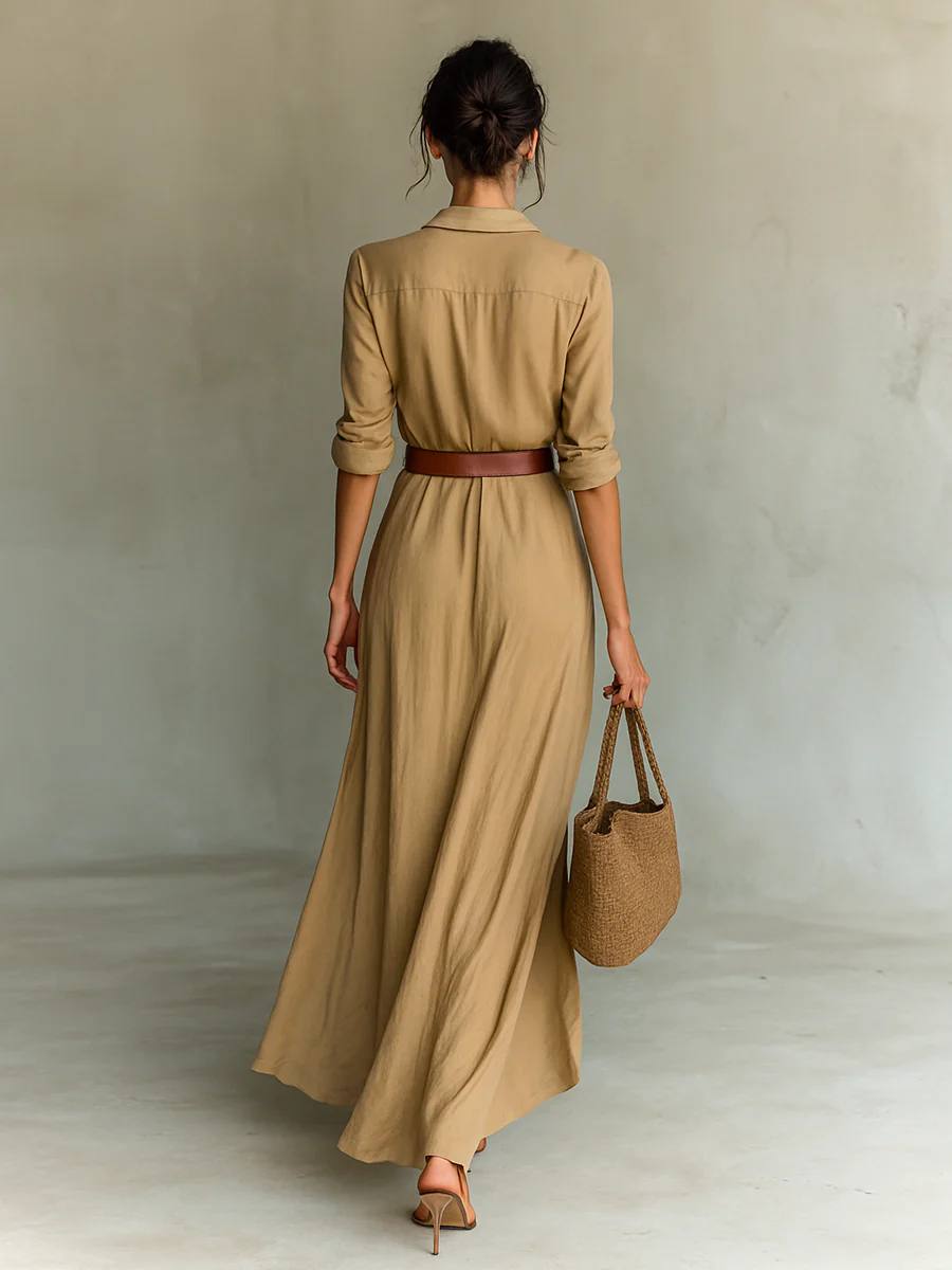 Women's Long Sleeve Belted Maxi Shirt Dress