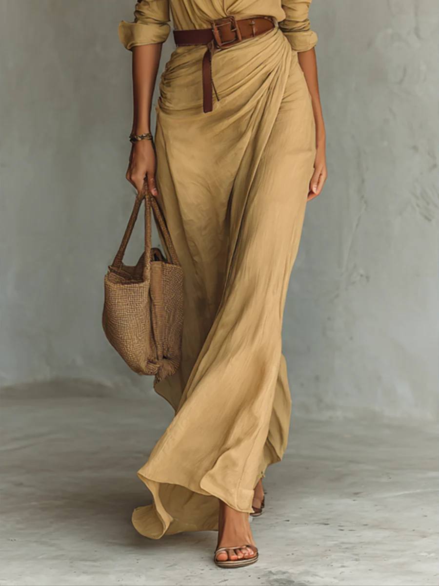 Women's Long Sleeve Belted Maxi Shirt Dress