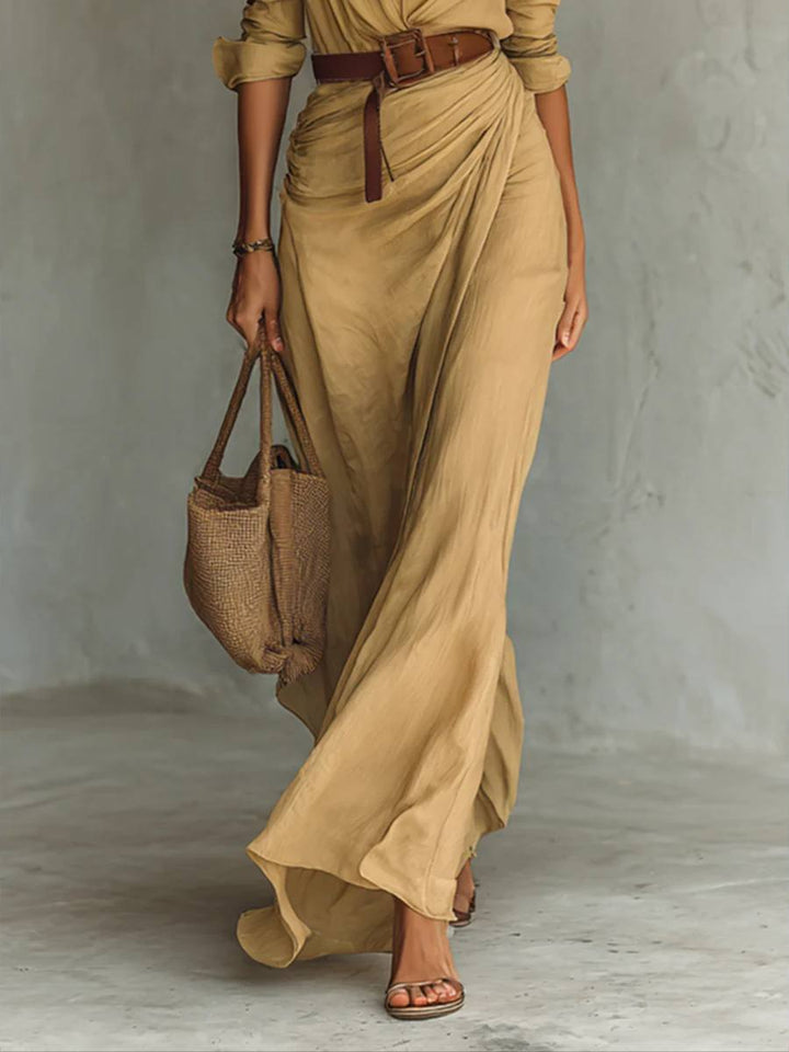 Women's Long Sleeve Belted Maxi Shirt Dress