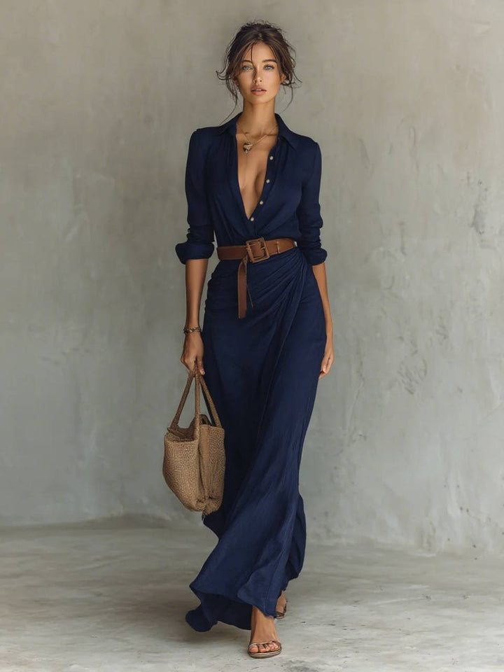 Women's Long Sleeve Belted Maxi Shirt Dress