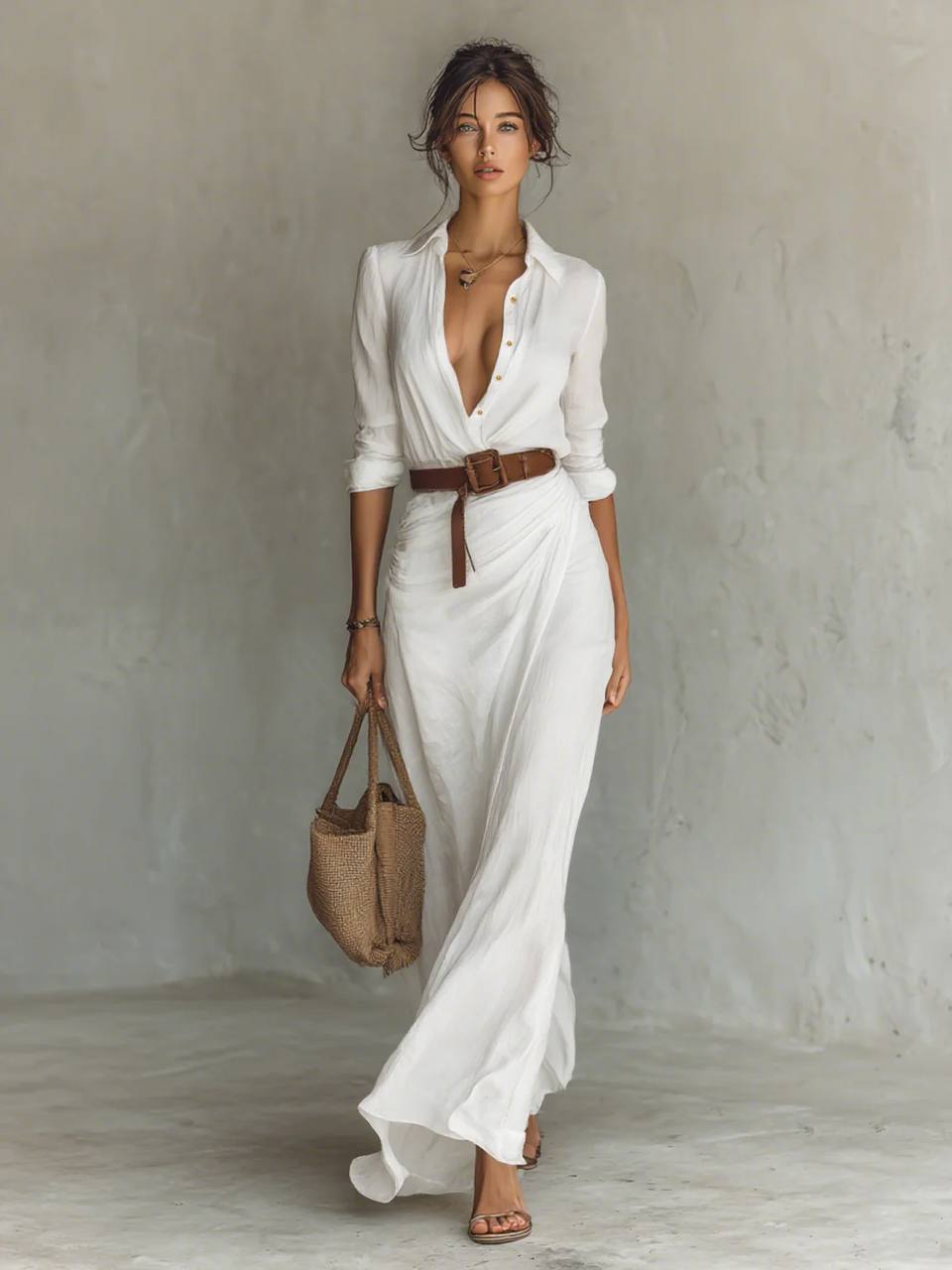 Women's Long Sleeve Belted Maxi Shirt Dress