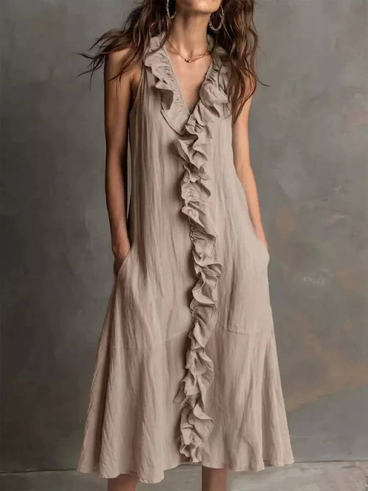 Women's Sleeveless Ruffle Maxi Flowy Dress with Pockets
