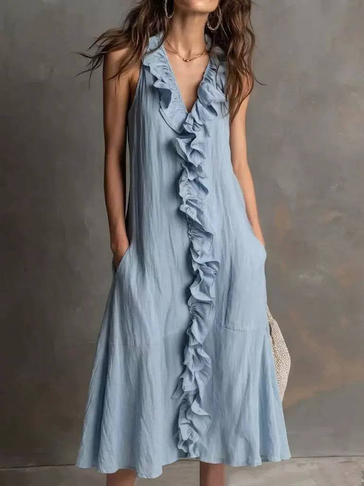 Women's Sleeveless Ruffle Maxi Flowy Dress with Pockets
