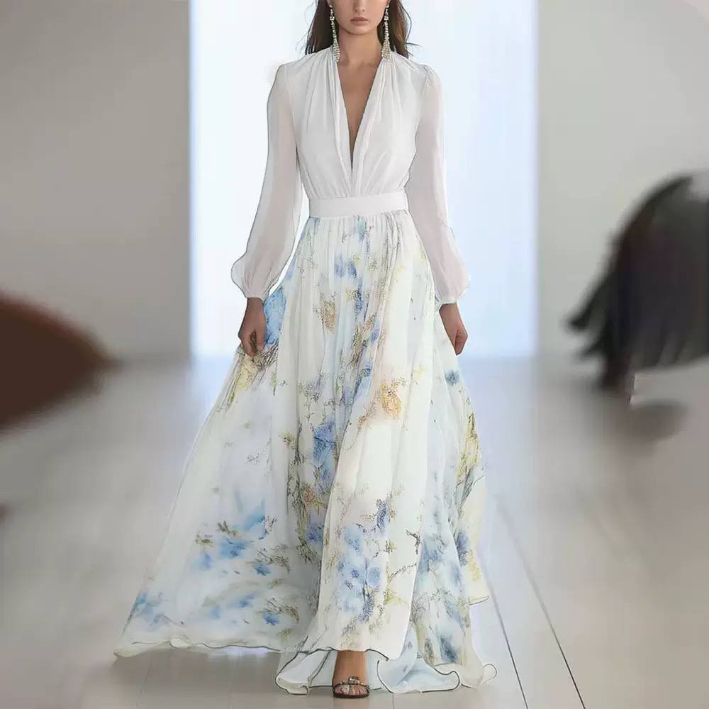 Women's Maxi Floral Chiffon Empire Waist Dress