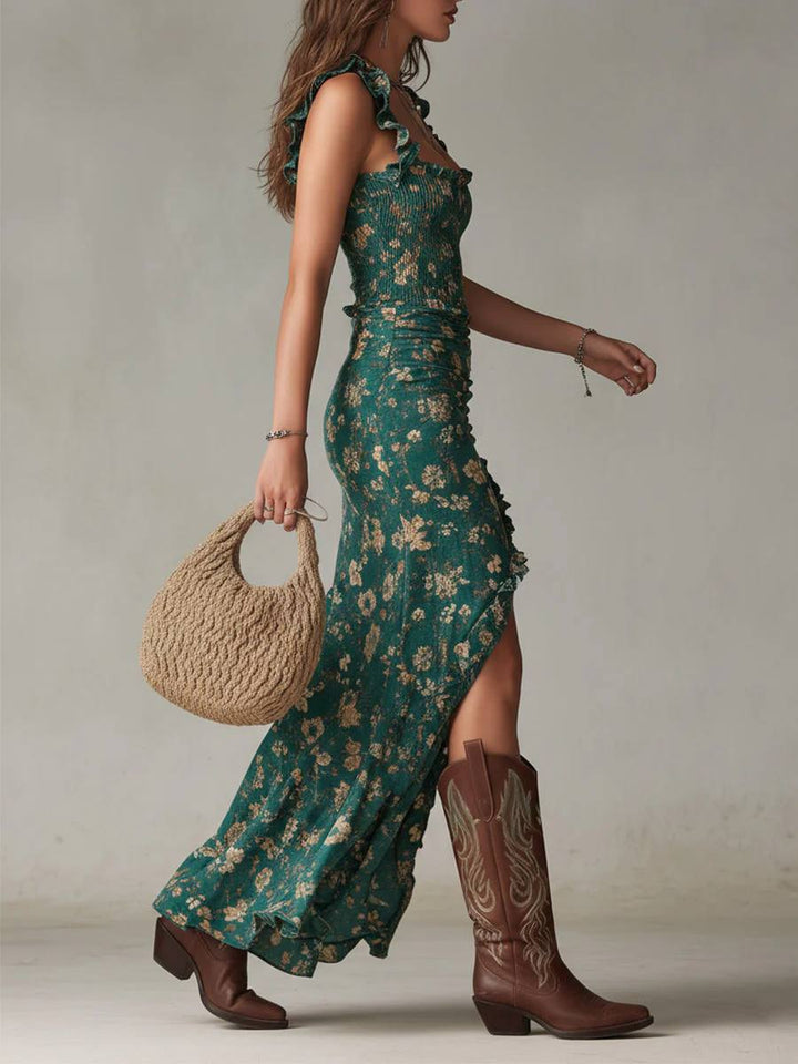 Women's Floral Ruffle Strap High Slit Maxi Dress