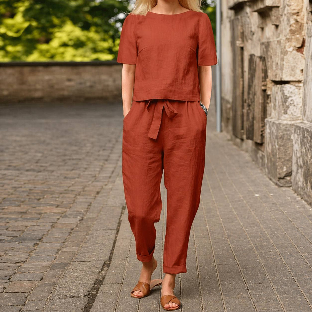 Women's Casual Short Sleeve Linen Two Piece Set