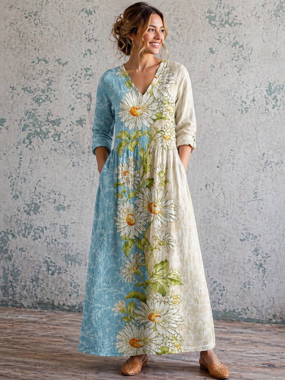 Women's Long Sleeve Two-Tone Maxi Dress