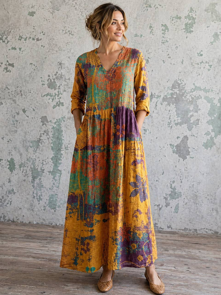 Women's Boho Patchwork V-Neck Maxi Dress
