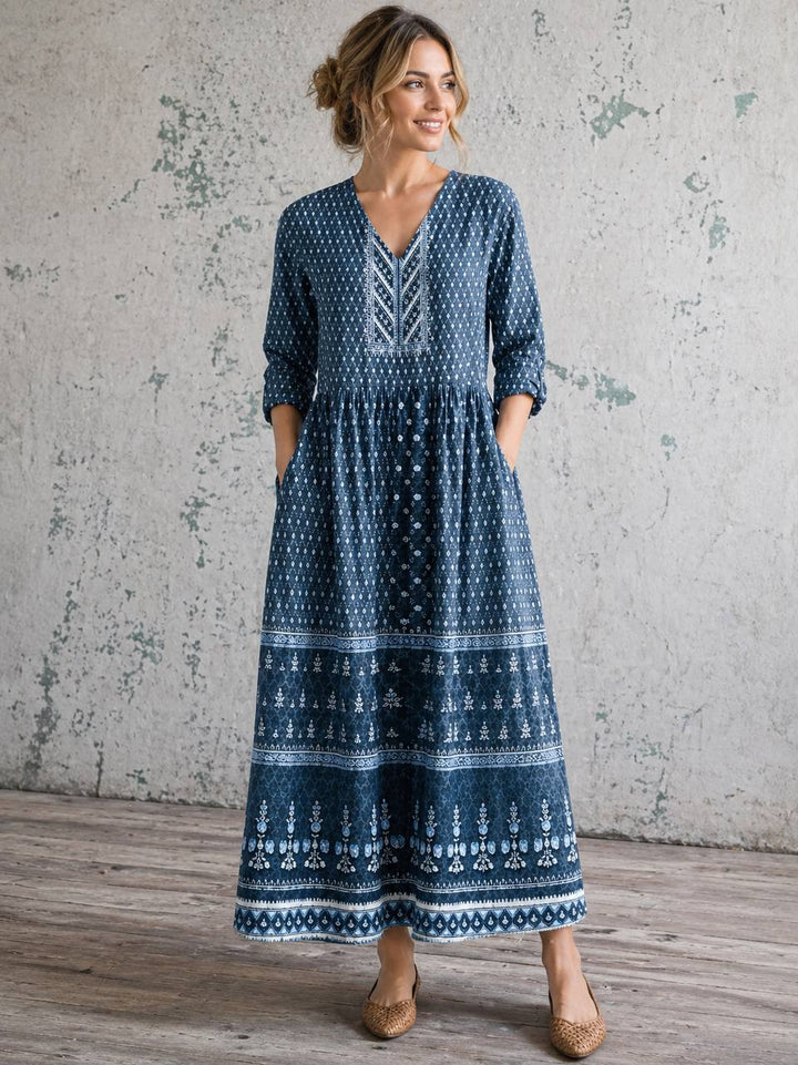 Women's Boho Embroidered V-Neck Maxi Dress