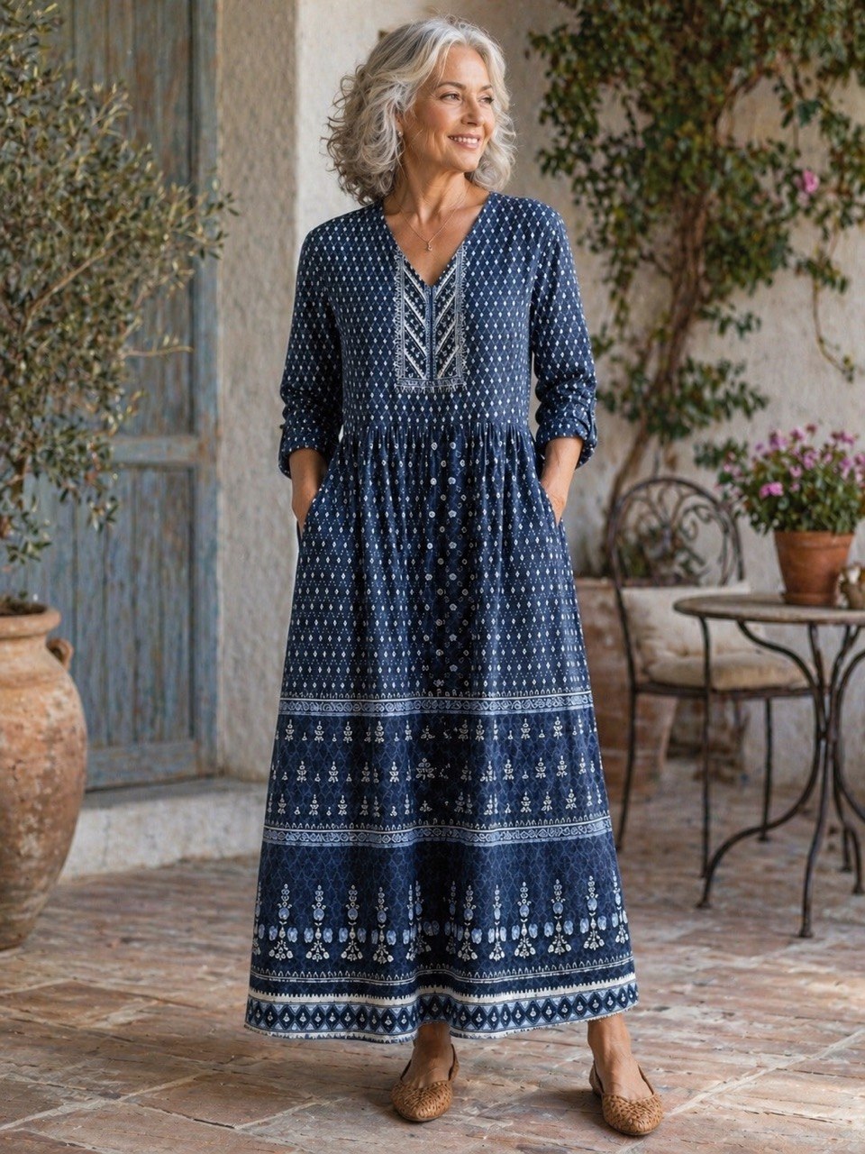 Women's Boho Embroidered V-Neck Maxi Dress