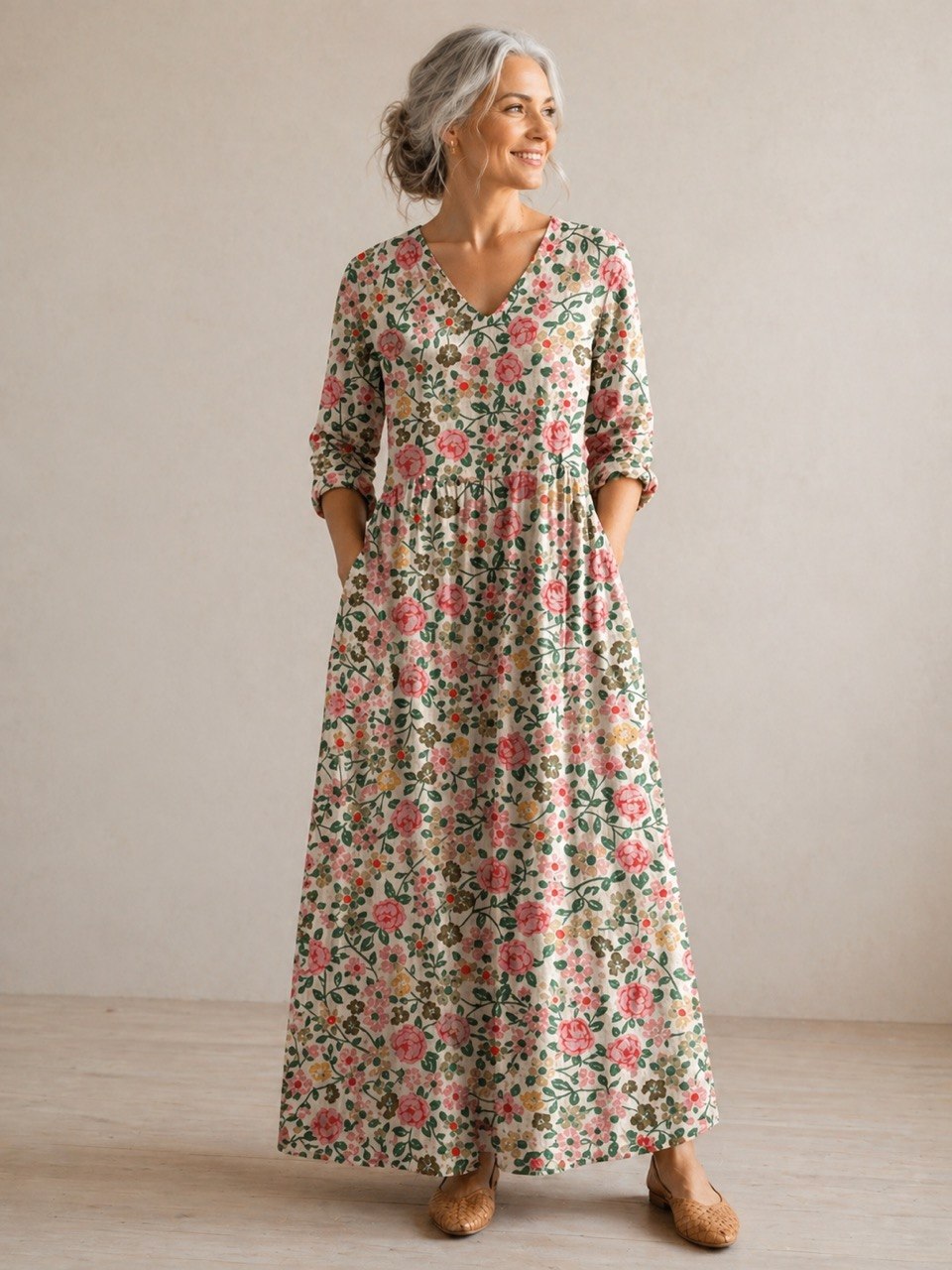Women's Vintage Floral Long Sleeve Maxi Dress