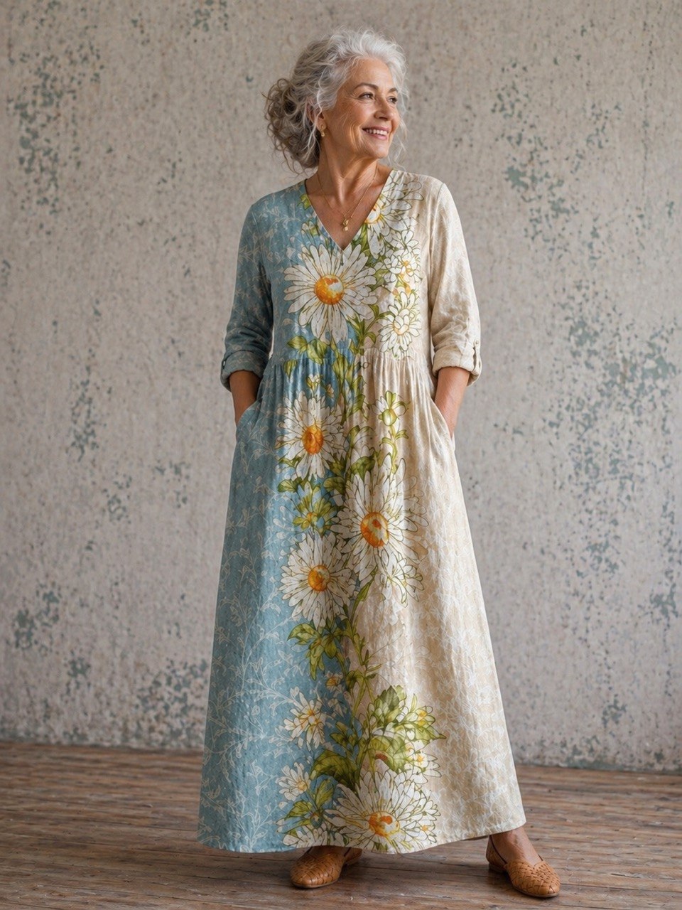 Women's Long Sleeve Two-Tone Maxi Dress