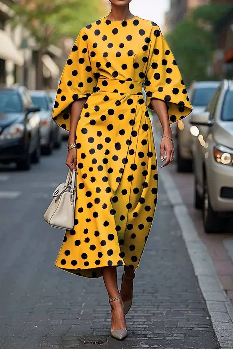 Polka Dot Belted Midi Dress – Elegant Loose Fit Casual Dress