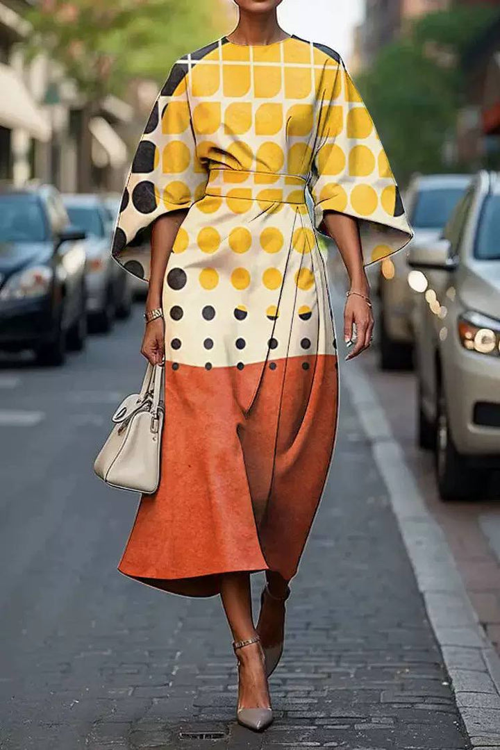 Polka Dot Colour Block Midi Dress – Elegant Statement Sleeve Dress