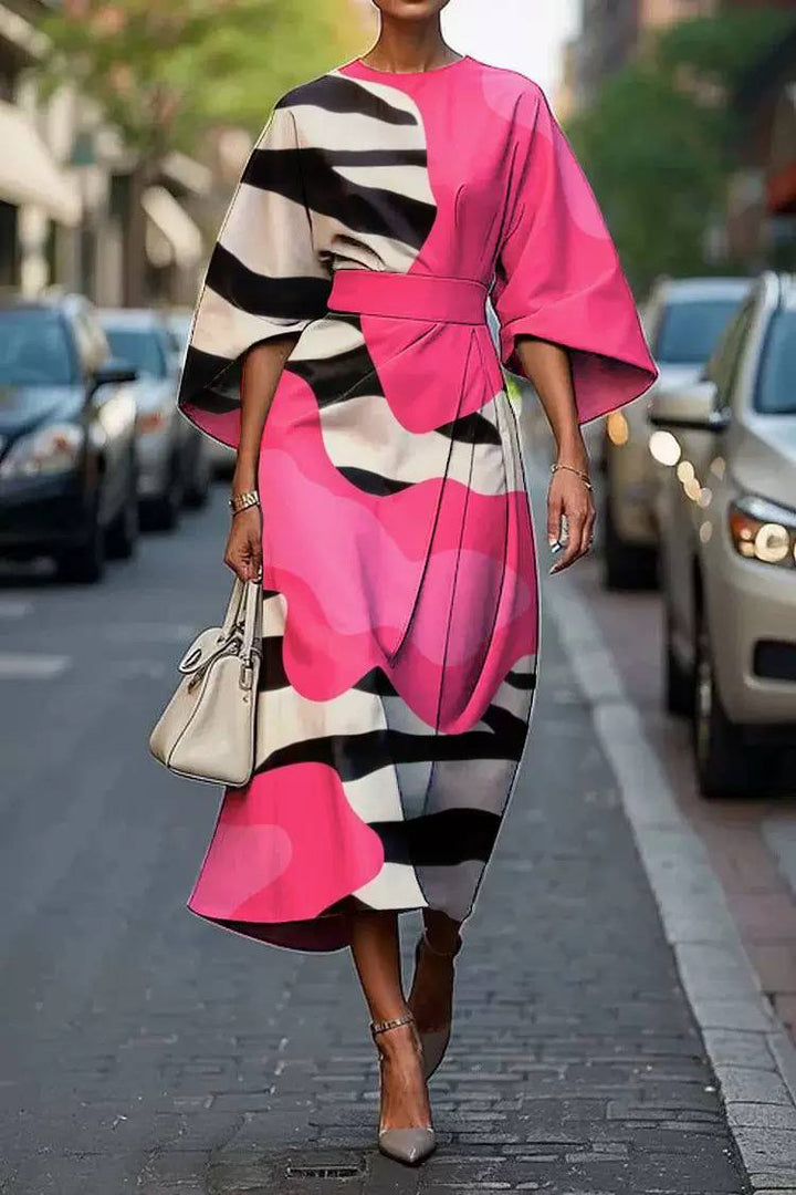 Abstract Colour Block Midi Dress – Statement Sleeve Belted Dress