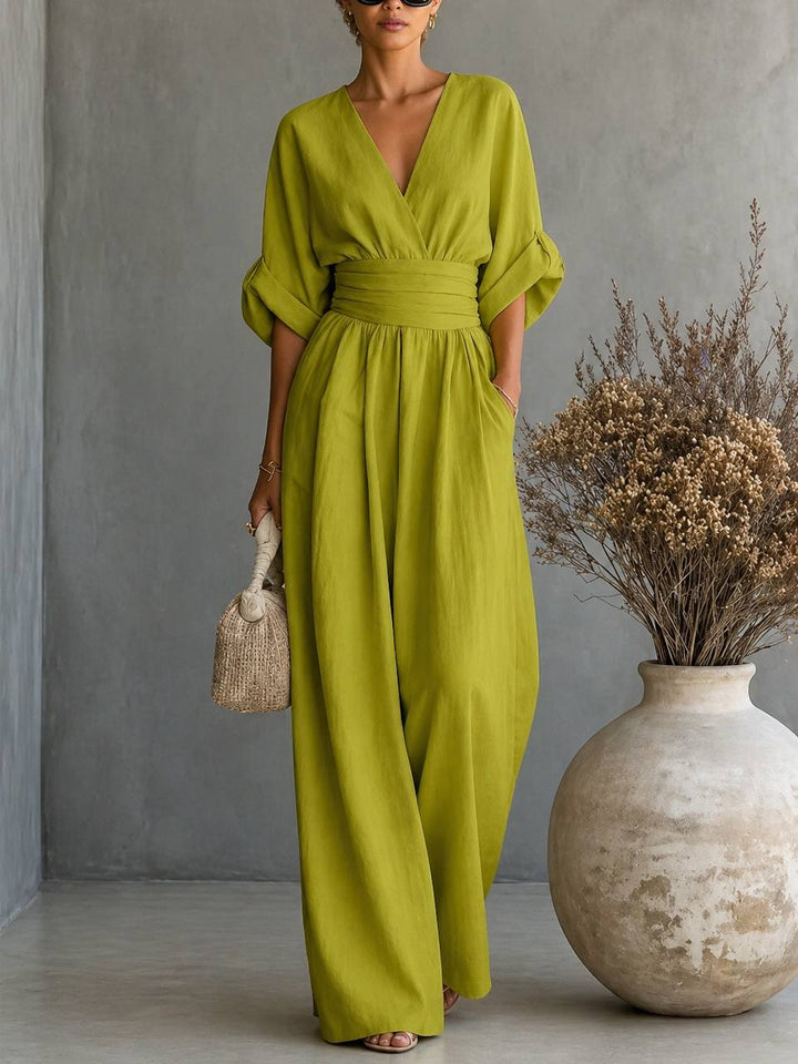 Women's Elegant V-Neck Draped Waist Wide Leg Jumpsuit