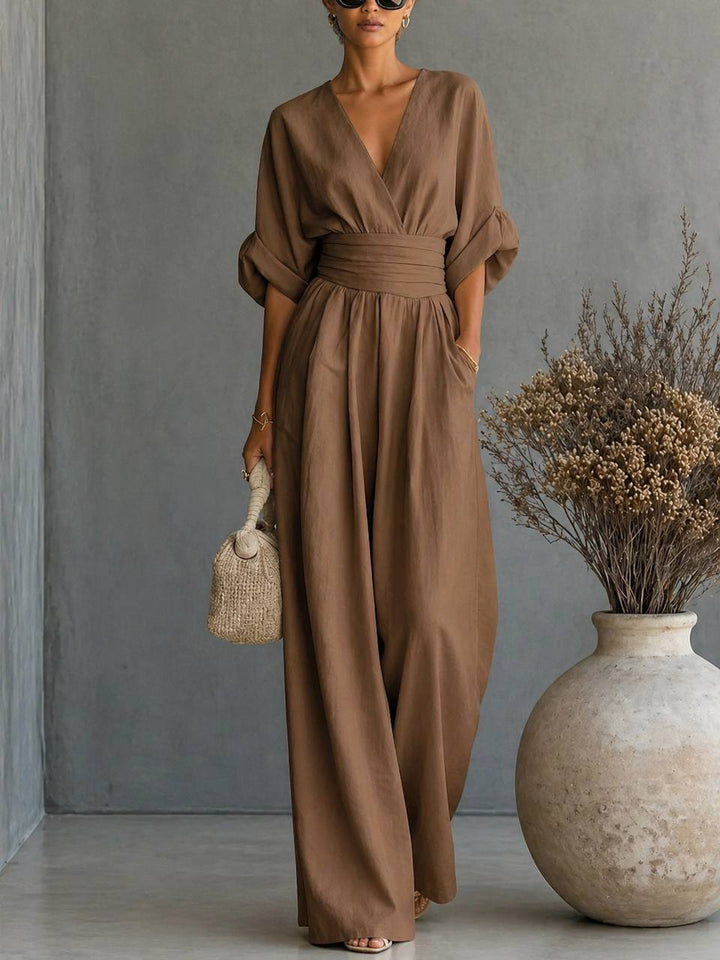 Women's Elegant V-Neck Draped Waist Wide Leg Jumpsuit