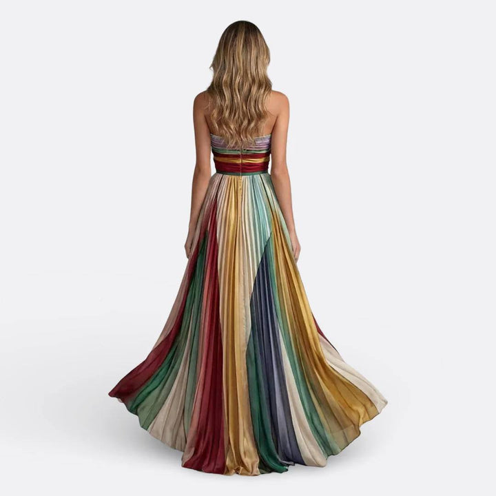 Women's Strapless Rainbow Pleated Maxi Dress