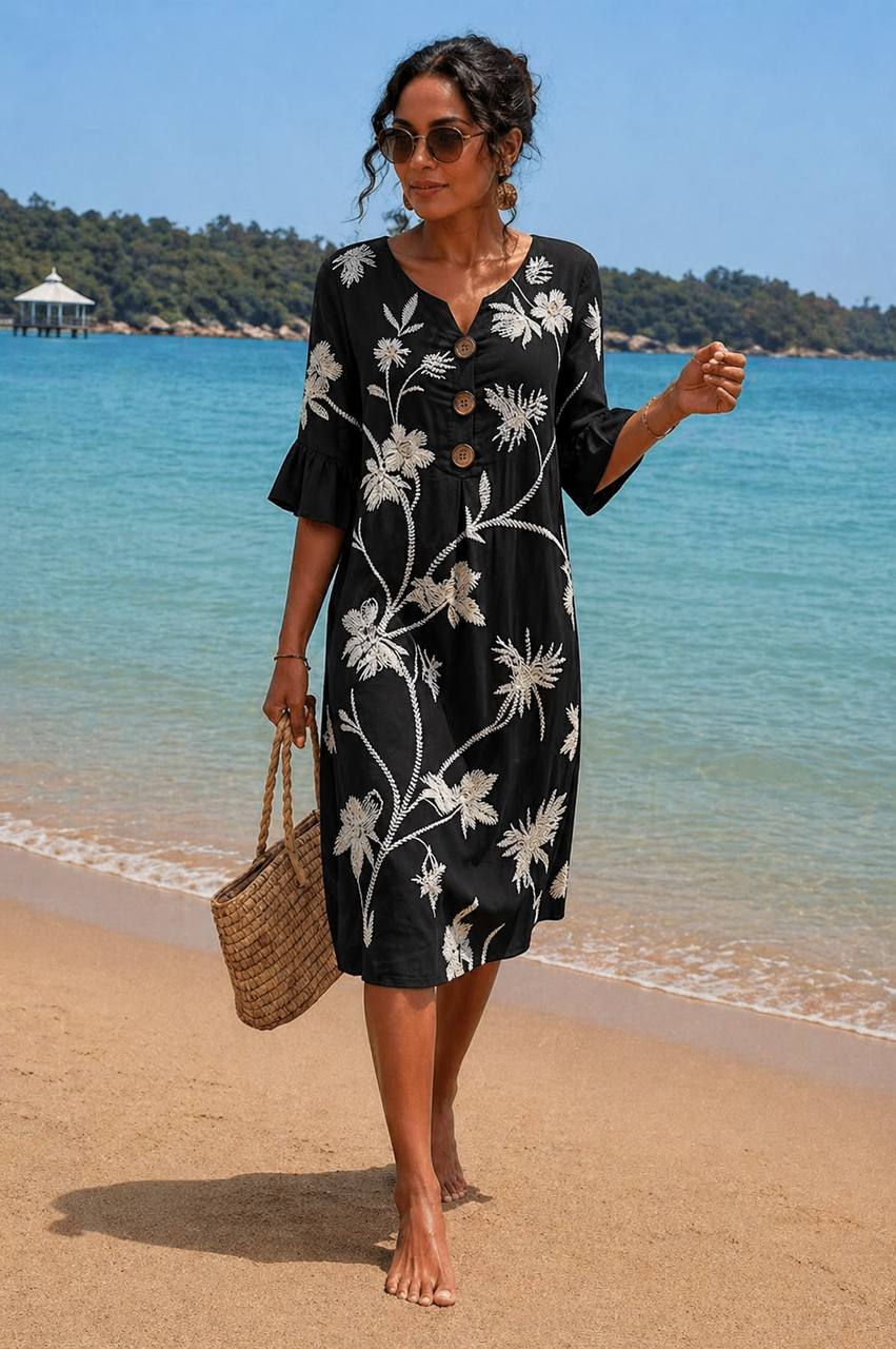 Women's Boho Embroidered Beach Midi Dress