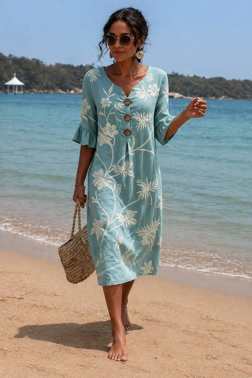 Women's Boho Embroidered Beach Midi Dress