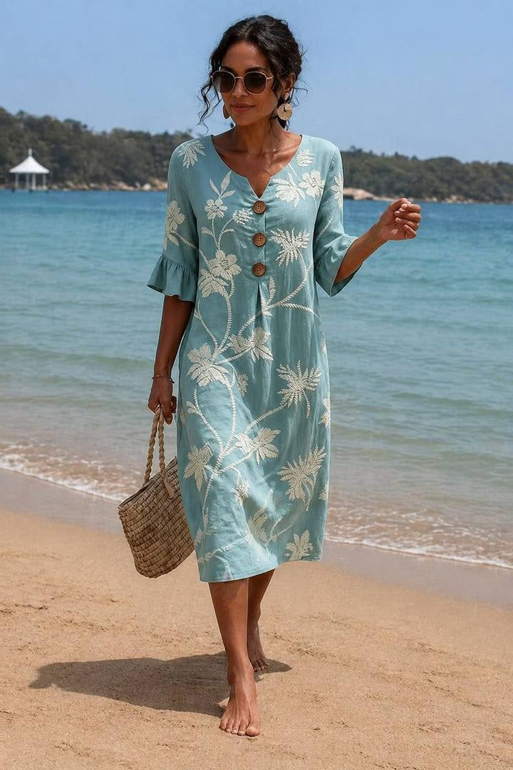 Women's Boho Embroidered Beach Midi Dress