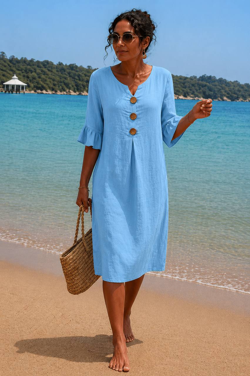 Women's Casual Linen Button Front Midi Dress