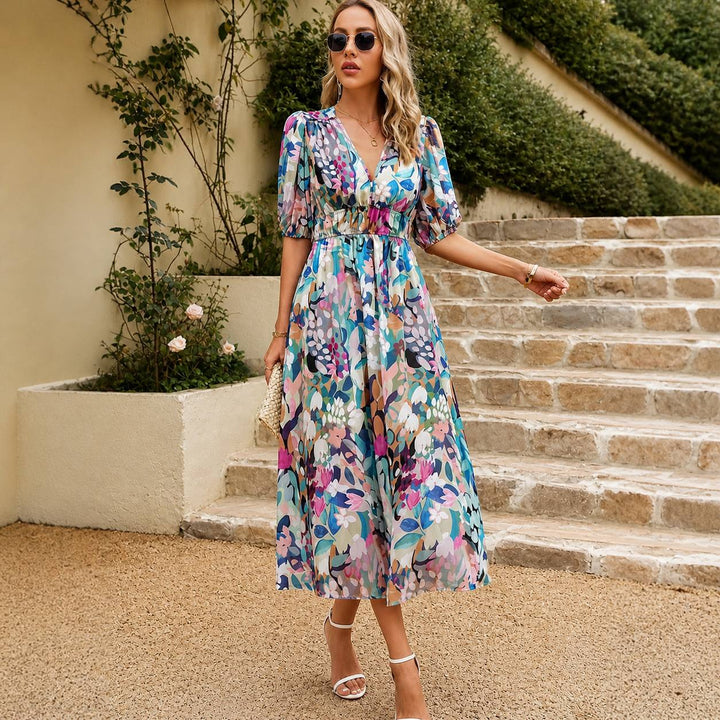 Women's Floral V Neck Puff Sleeve Midi Dress