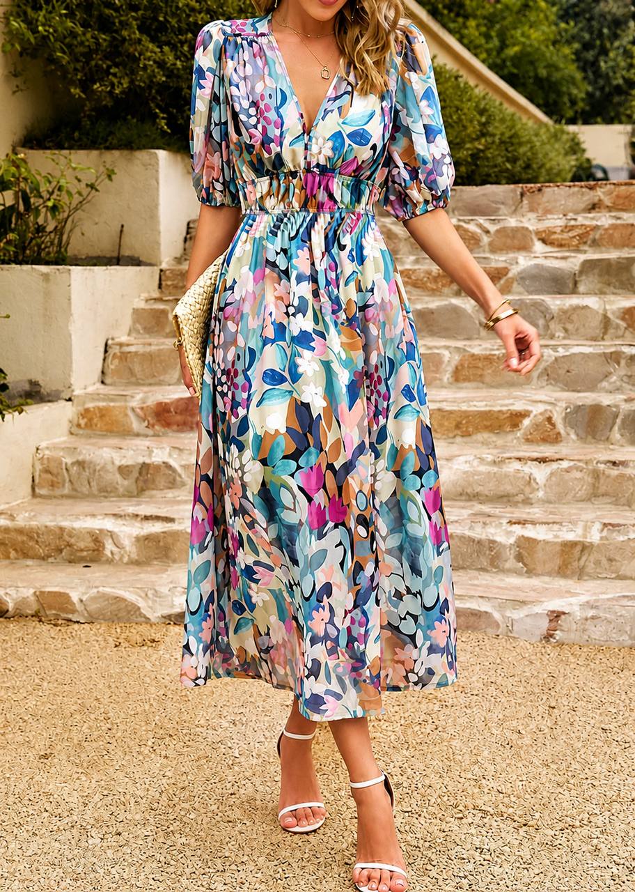 Women's Floral V Neck Puff Sleeve Midi Dress