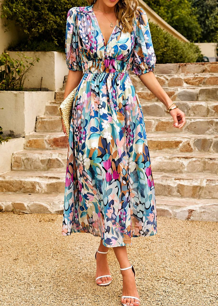 Women's Floral V Neck Puff Sleeve Midi Dress