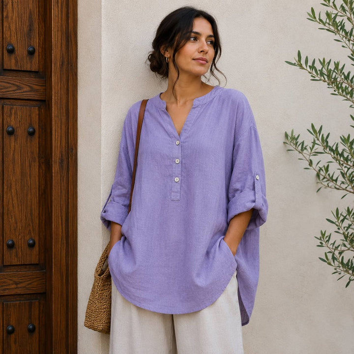 Women's Casual Linen Roll Sleeve Blouse
