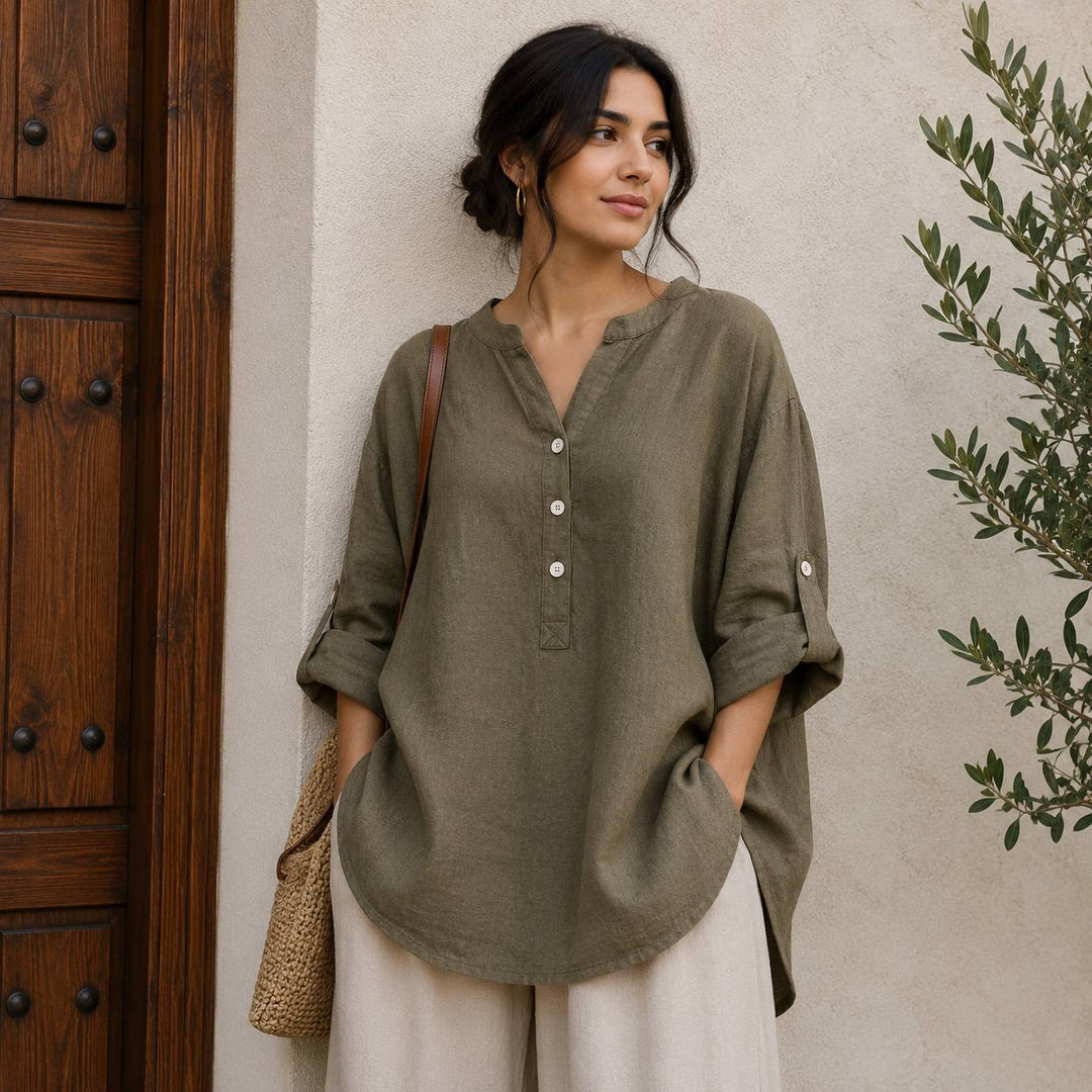 Women's Casual Linen Roll Sleeve Blouse