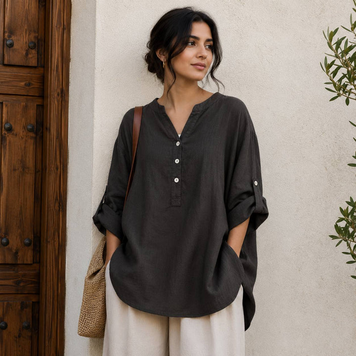 Women's Casual Linen Roll Sleeve Blouse
