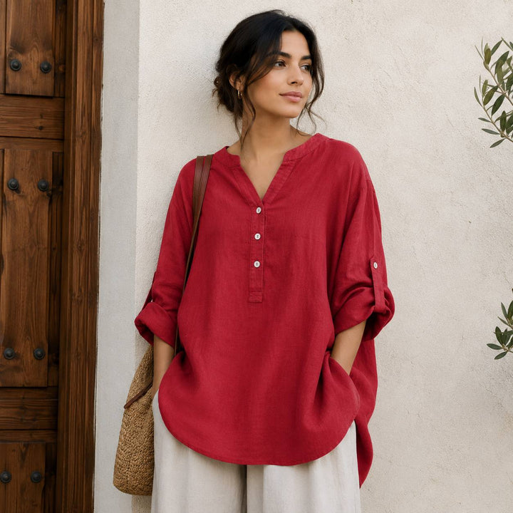 Women's Casual Linen Roll Sleeve Blouse