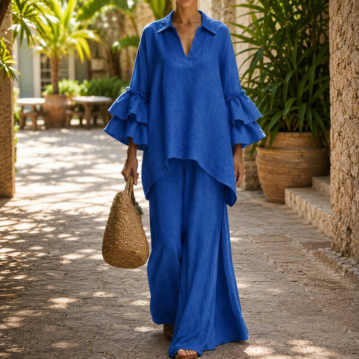 Women's Linen Blend Ruffle Sleeve Wide Leg Two-Piece Set
