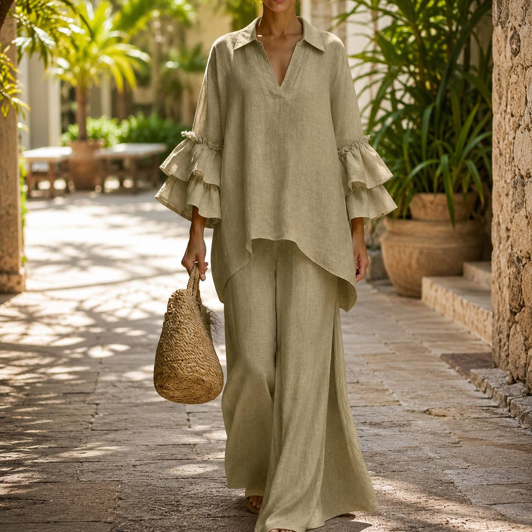 Women's Linen Blend Ruffle Sleeve Wide Leg Two-Piece Set
