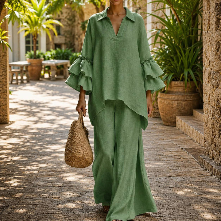 Women's Linen Blend Ruffle Sleeve Wide Leg Two-Piece Set