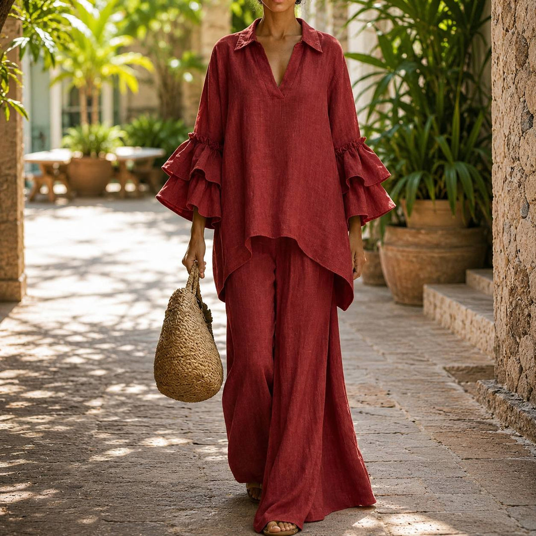 Women's Linen Blend Ruffle Sleeve Wide Leg Two-Piece Set