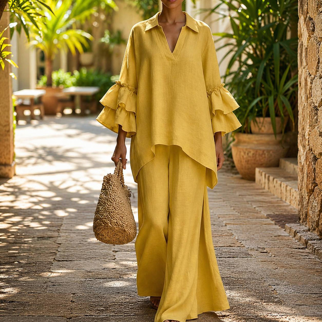 Women's Linen Blend Ruffle Sleeve Wide Leg Two-Piece Set