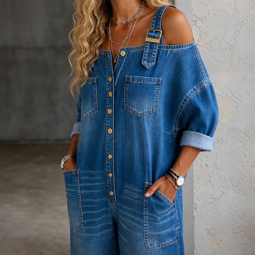 Women's Casual Denim Wide Leg Jumpsuit