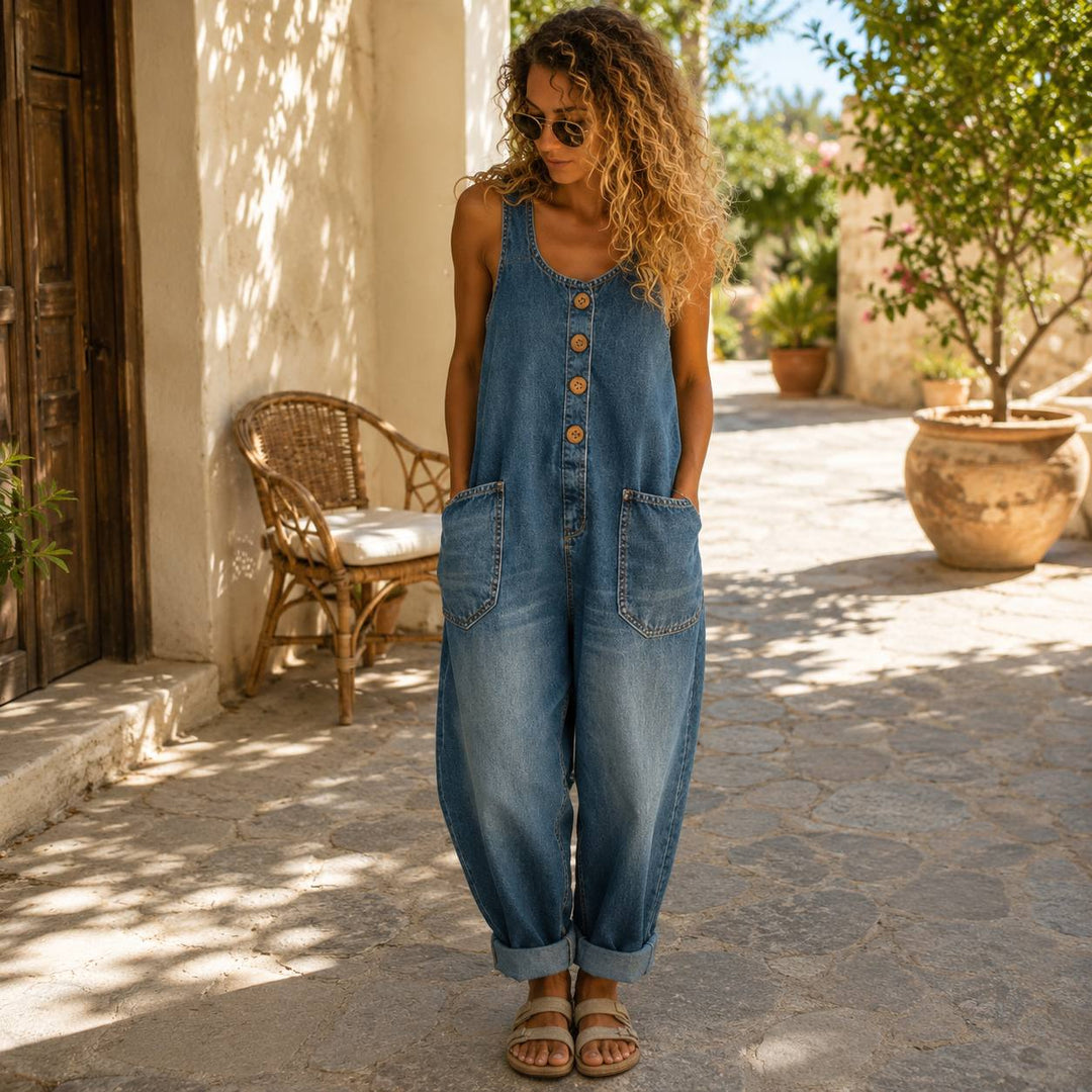 Women's Casual Button Front Dungaree Jumpsuit