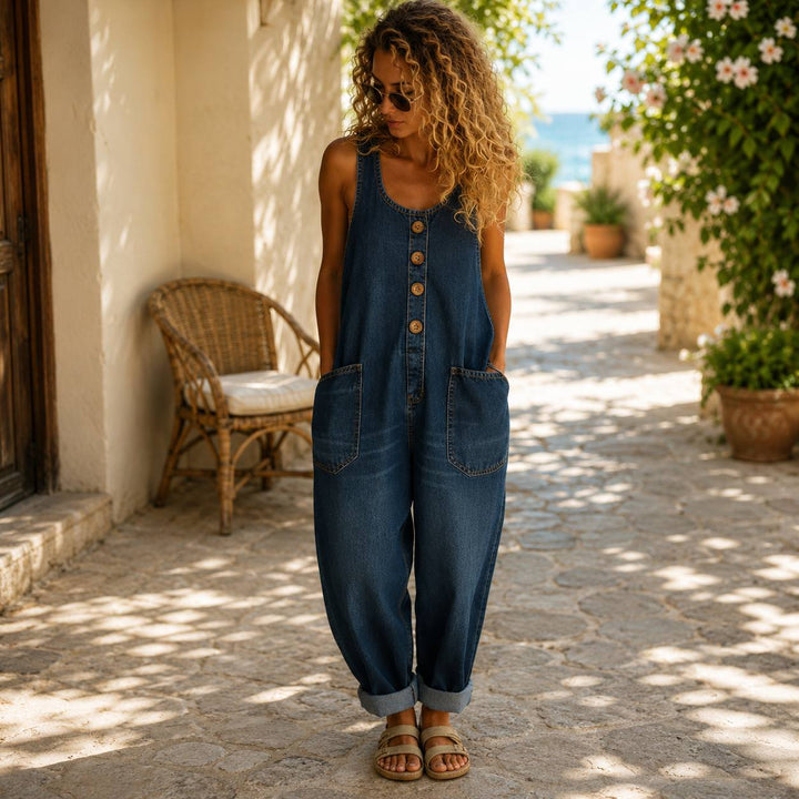 Women's Casual Button Front Dungaree Jumpsuit