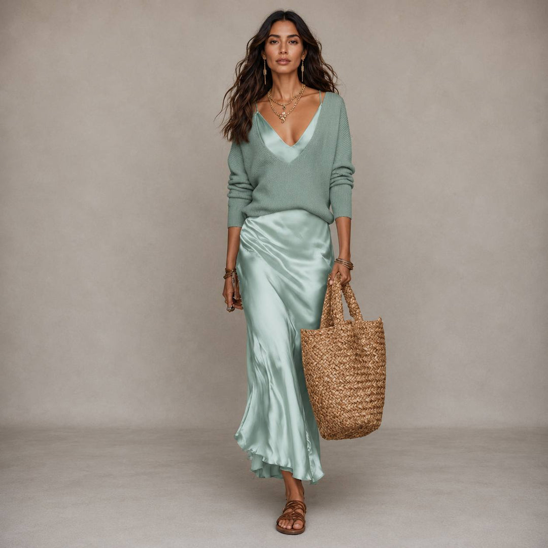 Women's Satin Slip Dress & V-Neck Knit Sweater Set