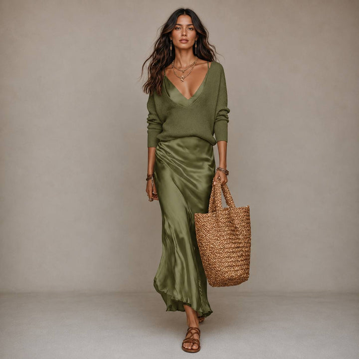 Women's Satin Slip Dress & V-Neck Knit Sweater Set