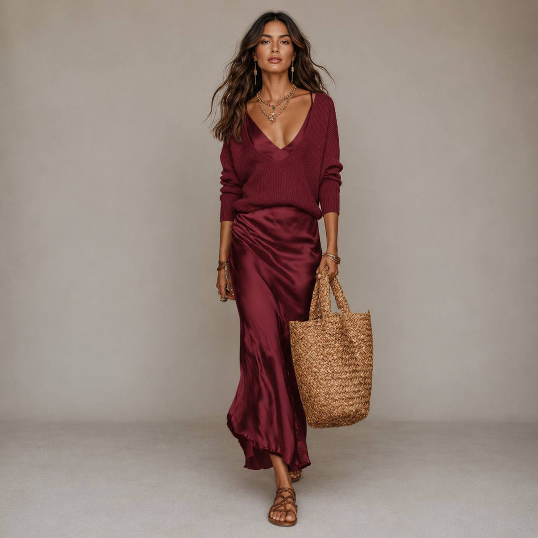 Women's Satin Slip Dress & V-Neck Knit Sweater Set