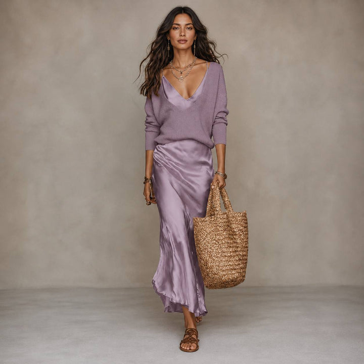 Women's Satin Slip Dress & V-Neck Knit Sweater Set