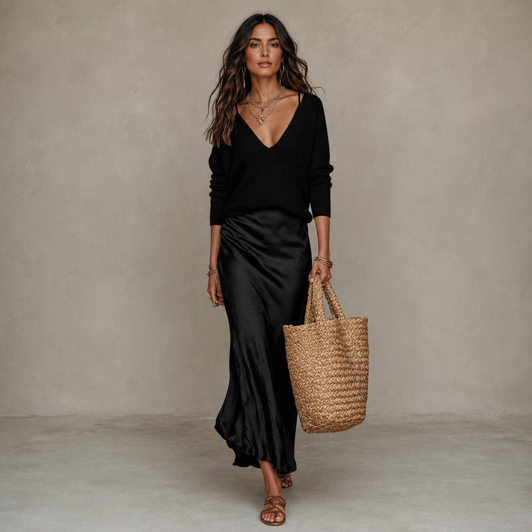Women's Satin Slip Dress & V-Neck Knit Sweater Set